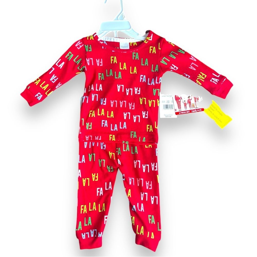 Hanes Infant Tight Fit 2 Piece FaLaLa Christmas Pajama Set Size 6-9 mo Red NWT